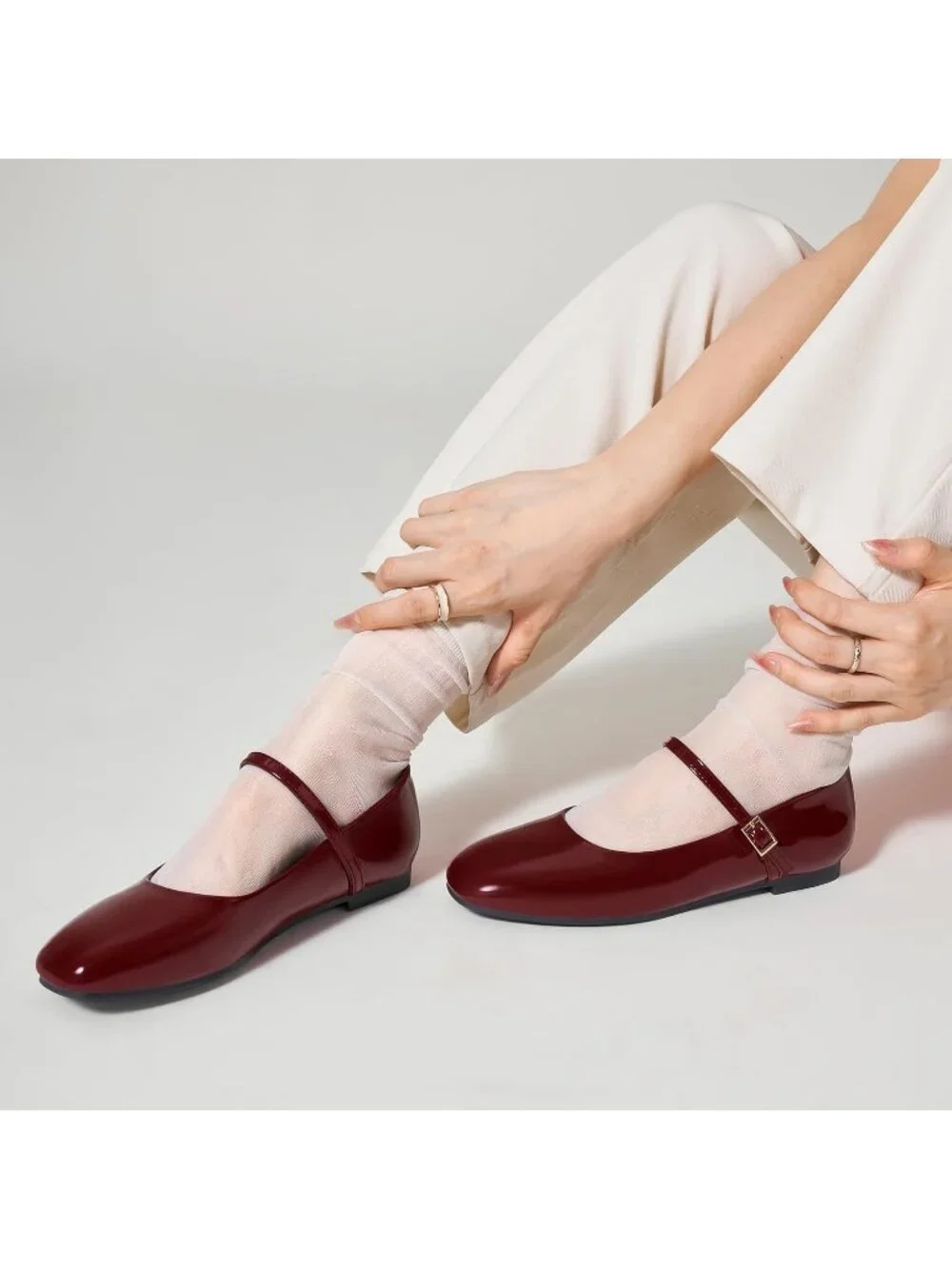 Women Wine Red Square Toe With Adjustable Buckle Strap Ballet Flat Slip On Shoes